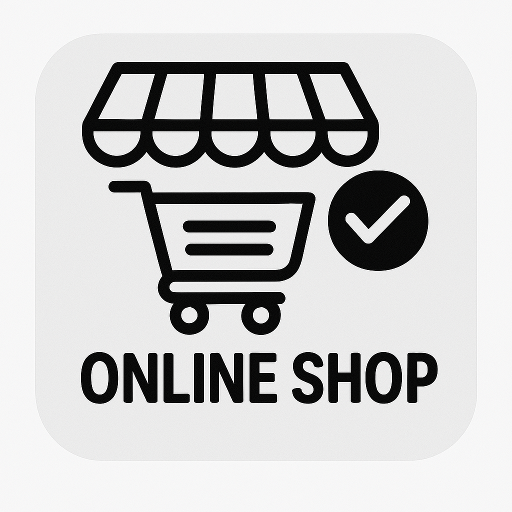 Icon representing an online shop, featuring a shopping cart beneath a storefront awning and a check mark.