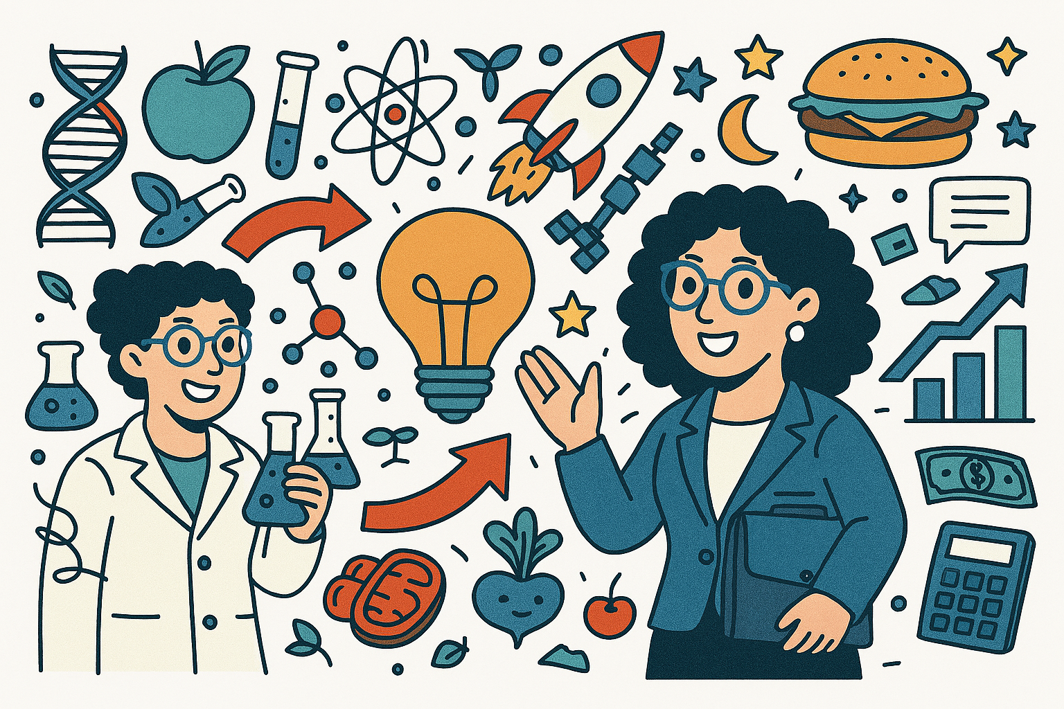 A flat-style cartoon illustration shows a curly-haired woman transitioning from scientist to executive advisor. On the left, she wears a white lab coat and blue glasses, holding bubbling flasks surrounded by science icons: DNA helix, atom, apple, and molecules. In the center, a glowing lightbulb symbolizes innovation. On the right, she appears in a navy blazer, waving and holding a briefcase, surrounded by space icons (rocket, moon, satellite), food items (burger, cherry, mitochondrion), and financial symbols (money bills, calculator, upward-trending chart). The background is white, and the color palette features cool tones like blue, teal, and gray.