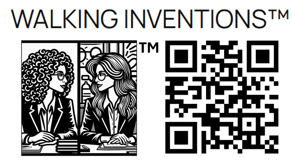 Illustration of two women sitting at a table with books and papers, with the text 'WALKING INVENTIONS™' above them and a QR code on the right.